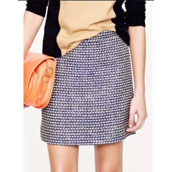 J CREW Womens Mini Skirt Tweed Silk Metallic Blue Black Postage Stamp Prep sz 6 - Picture 2 of 12